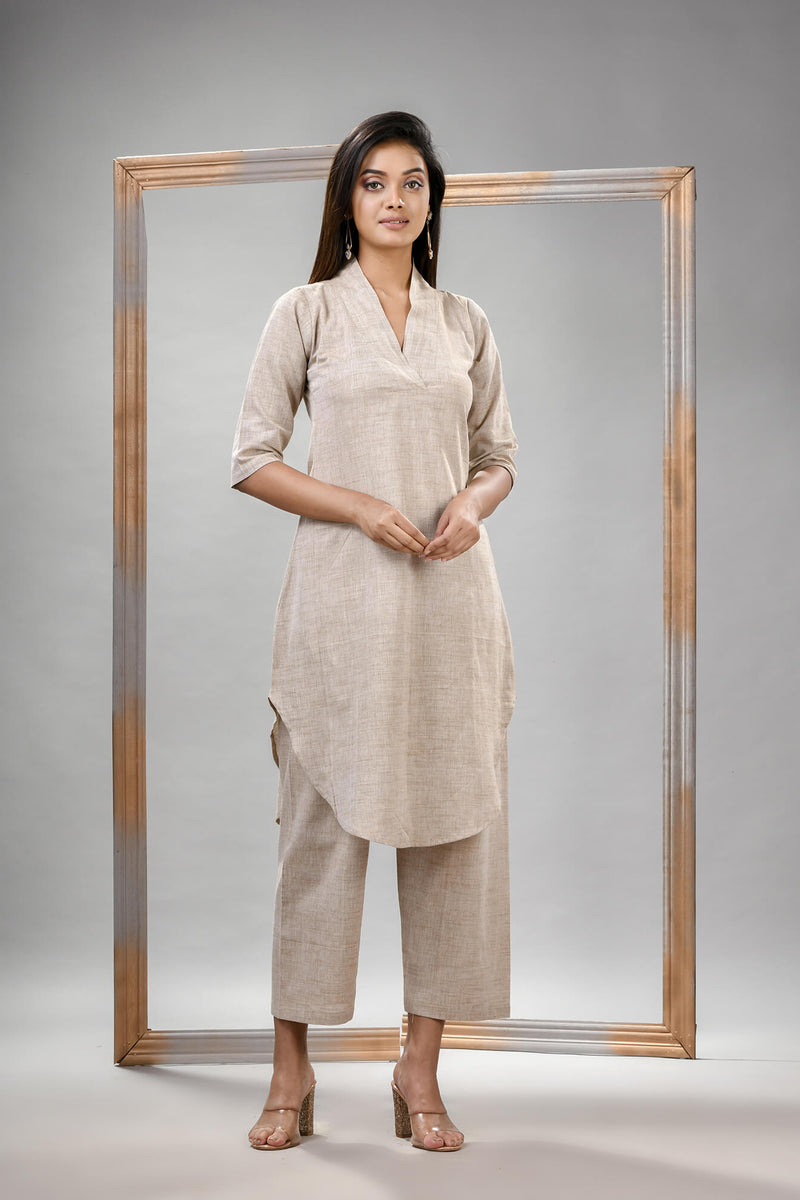 Silk Grey Cotton Bengal Handwoven Kurta Set
