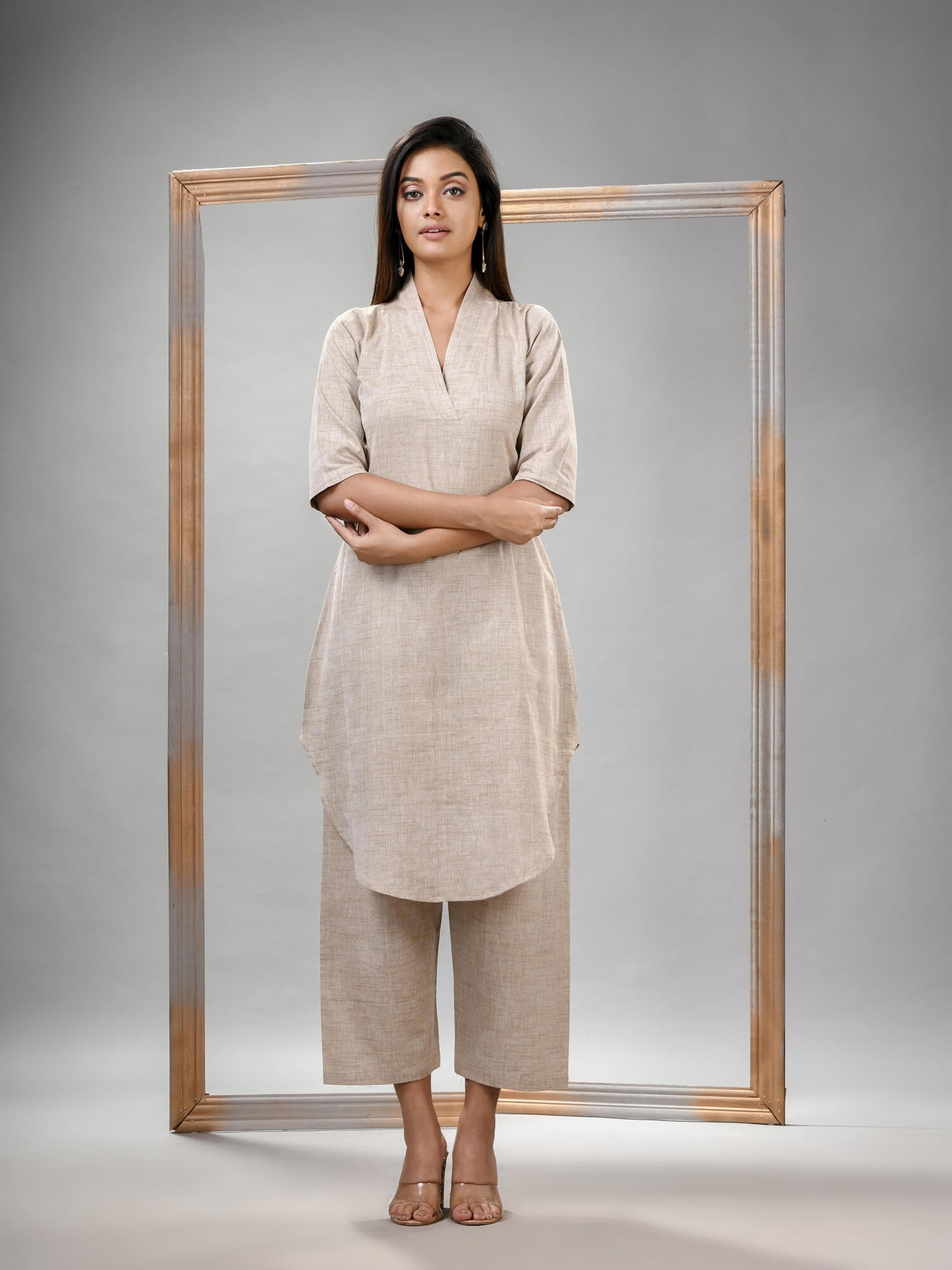 Silk Grey Cotton Bengal Handwoven Kurta Set