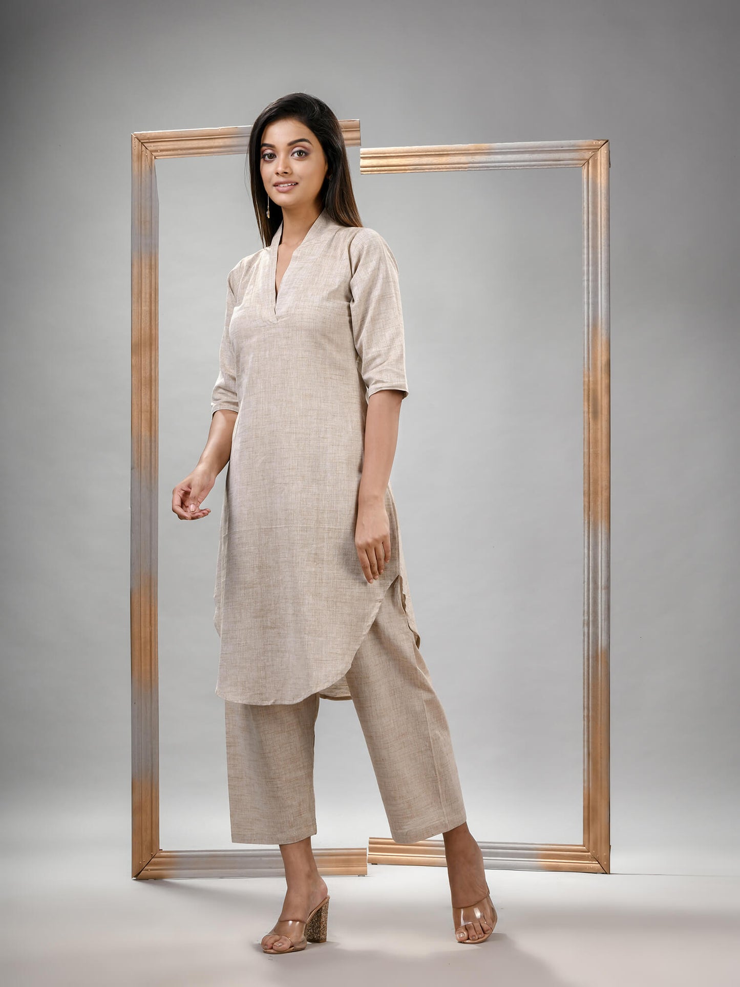 Silk Grey Cotton Bengal Handwoven Kurta Set