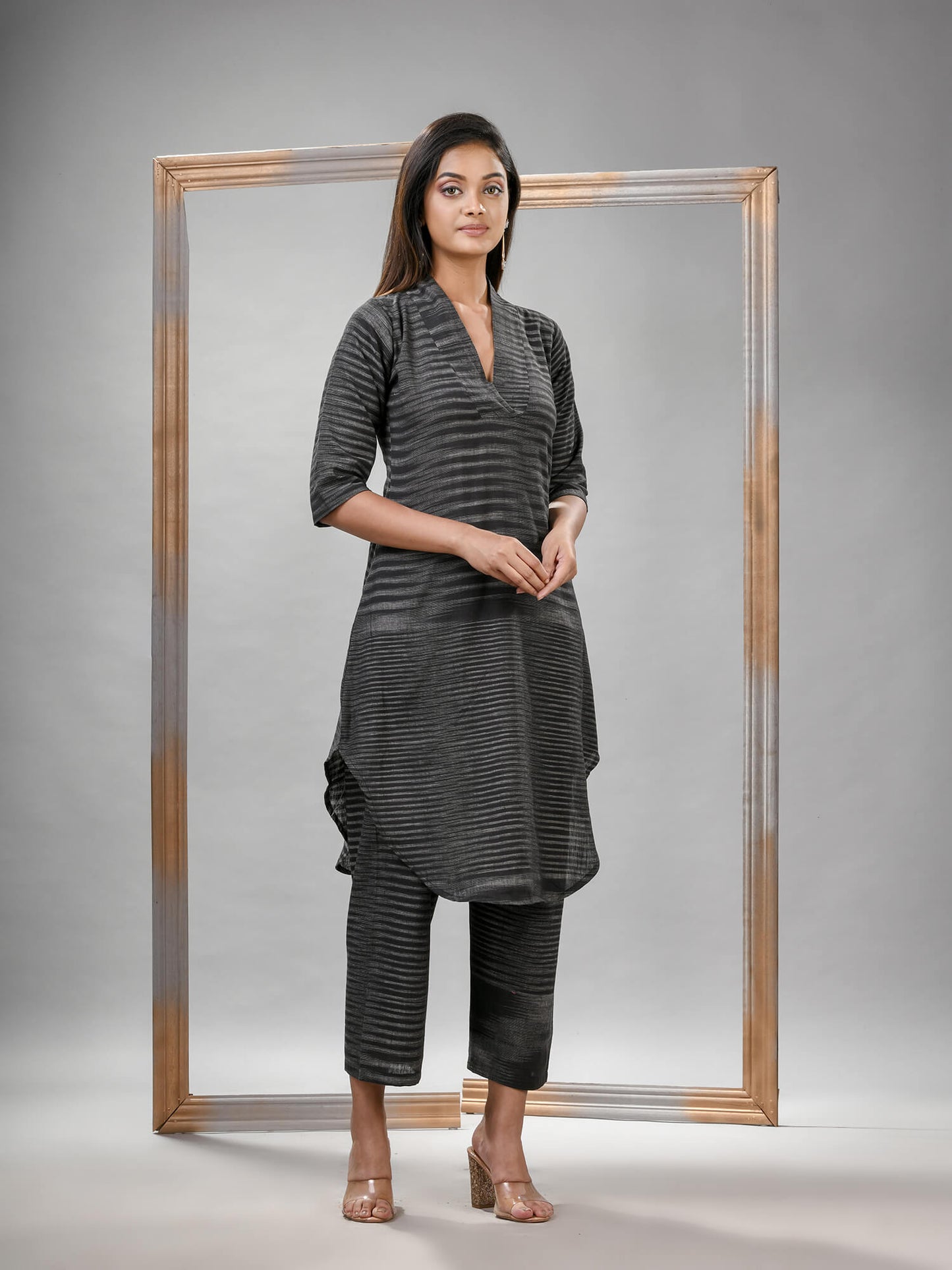 Grey Cotton Bengal Handwoven Kurta Set