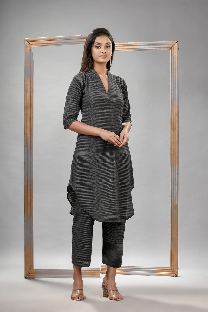 Grey Cotton Bengal Handwoven Kurta Set