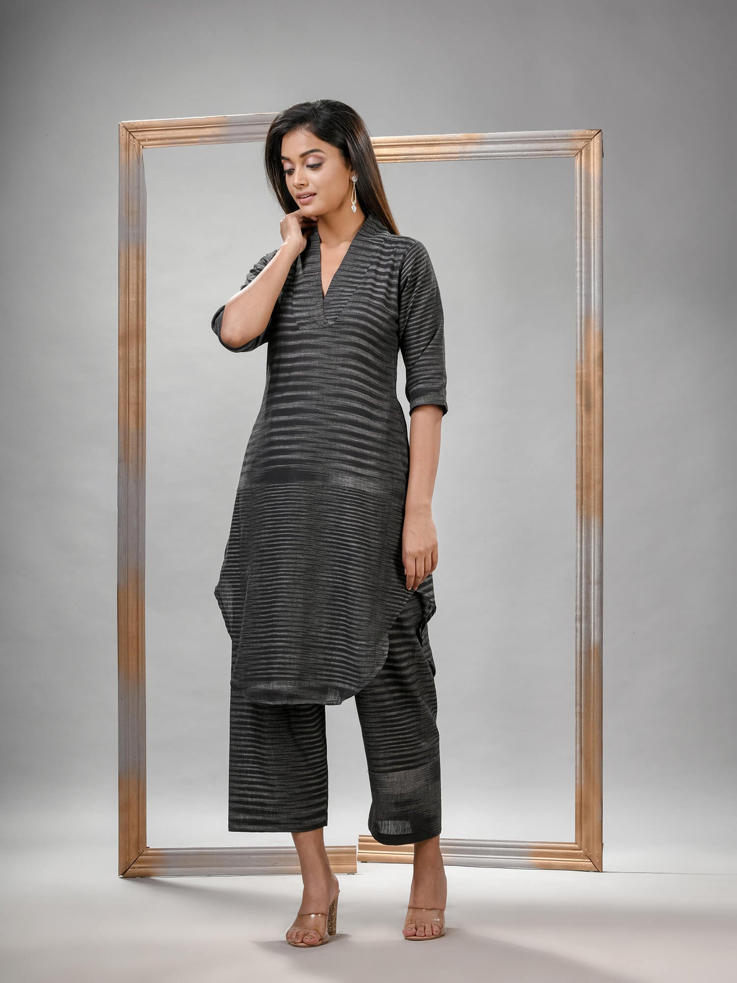 Grey Cotton Bengal Handwoven Kurta Set