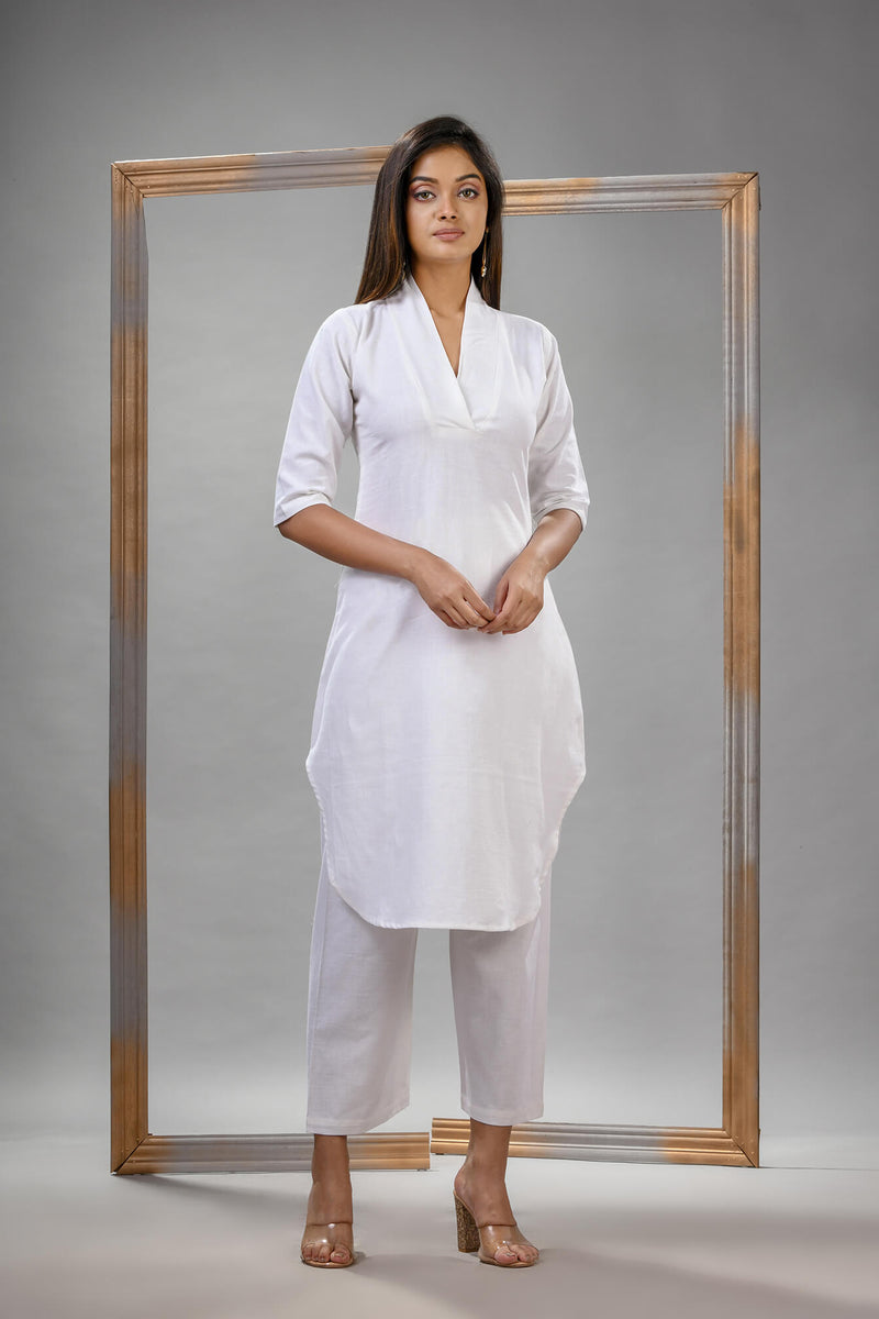 White Cotton Bengal Handwoven Kurta Set