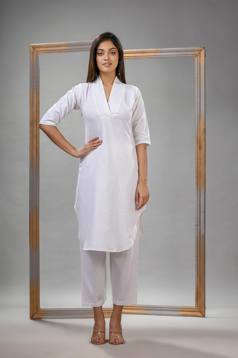 White Cotton Bengal Handwoven Kurta Set