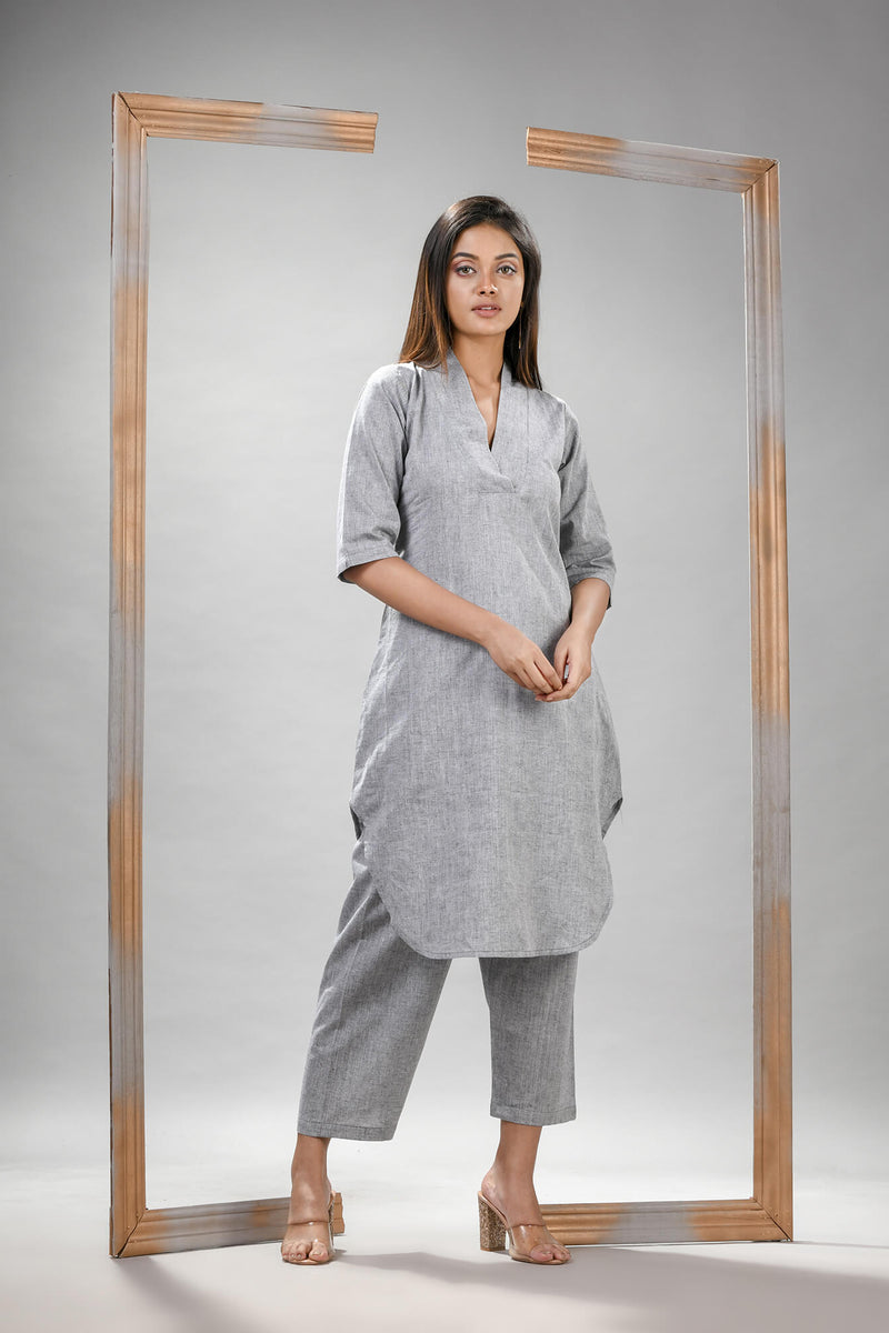 Silver Cotton Bengal Handwoven Kurta Set