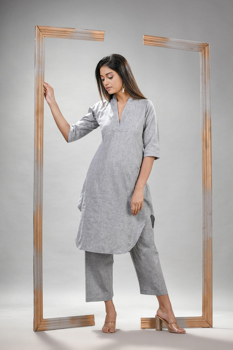 Silver Cotton Bengal Handwoven Kurta Set
