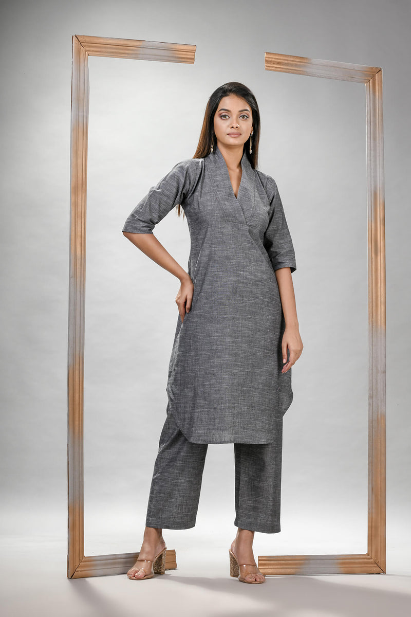Grey Cotton Bengal Handwoven Kurta Set