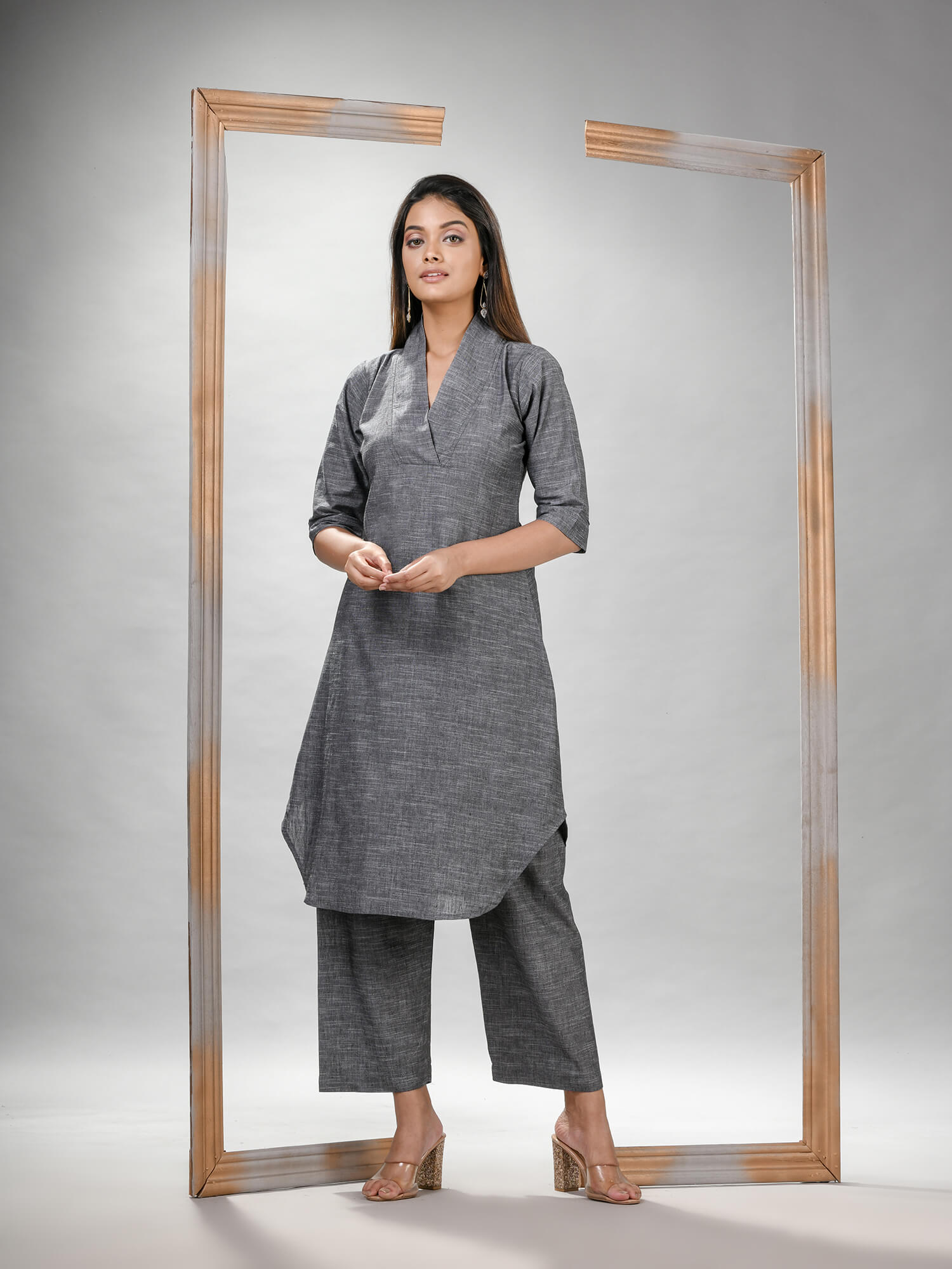 Grey Cotton Bengal Handwoven Kurta Set