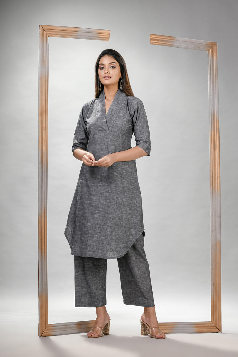 Grey Cotton Bengal Handwoven Kurta Set