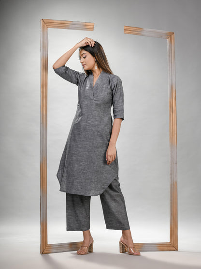 Grey Cotton Bengal Handwoven Kurta Set