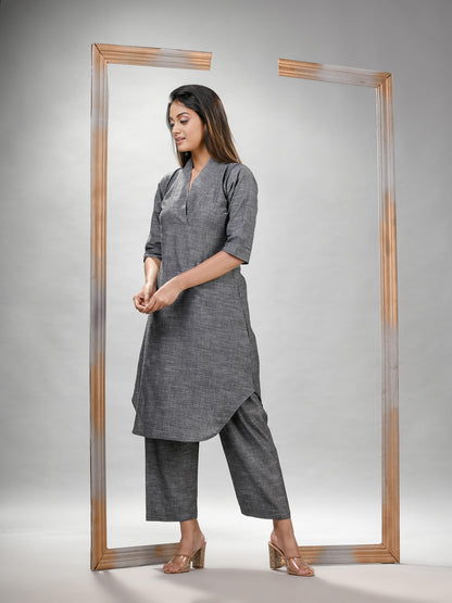 Grey Cotton Bengal Handwoven Kurta Set