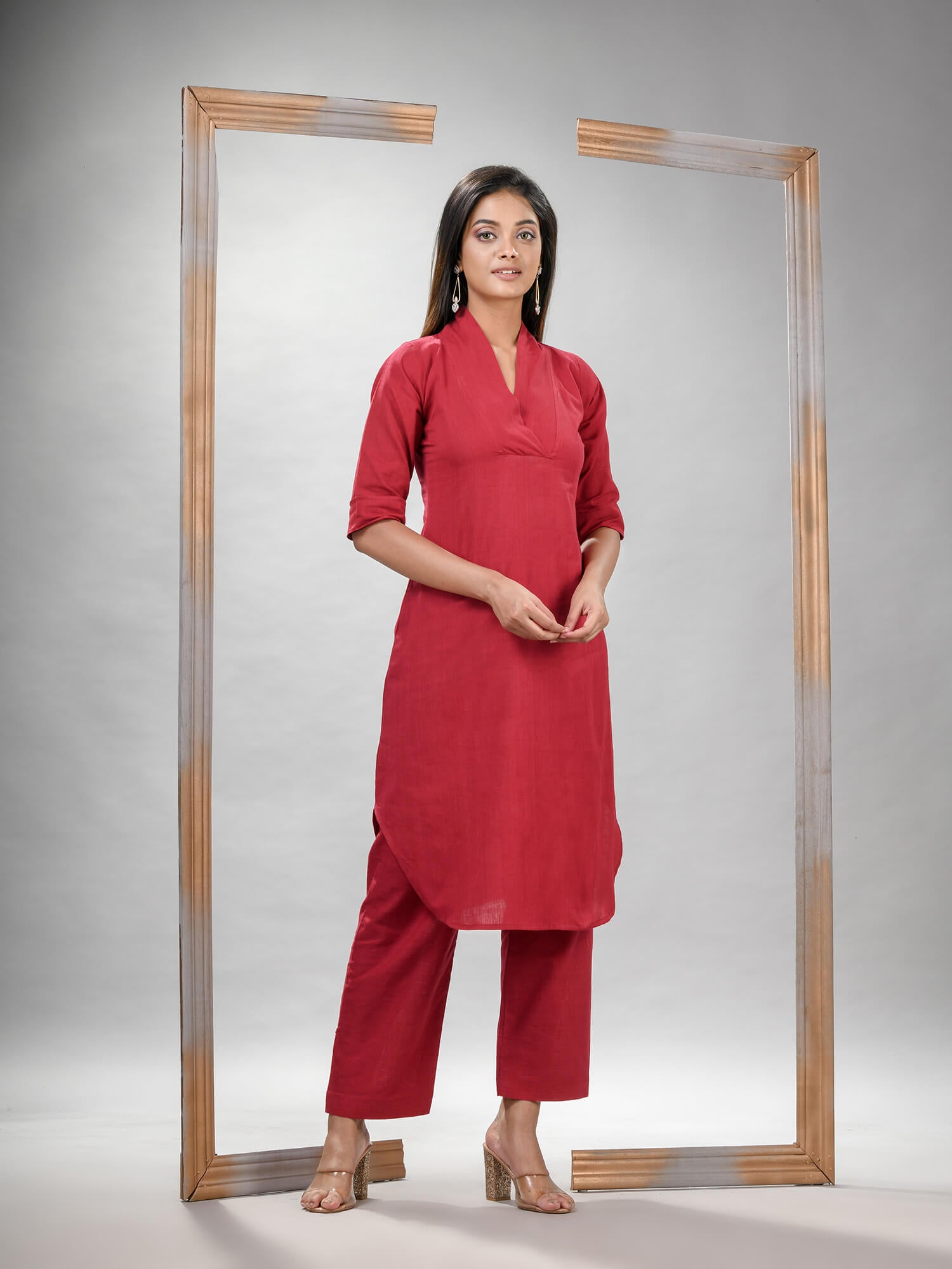 Red Cotton Bengal Handwoven Kurta Set