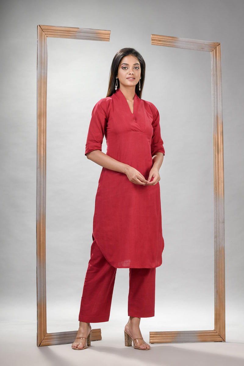 Red Cotton Bengal Handwoven Kurta Set