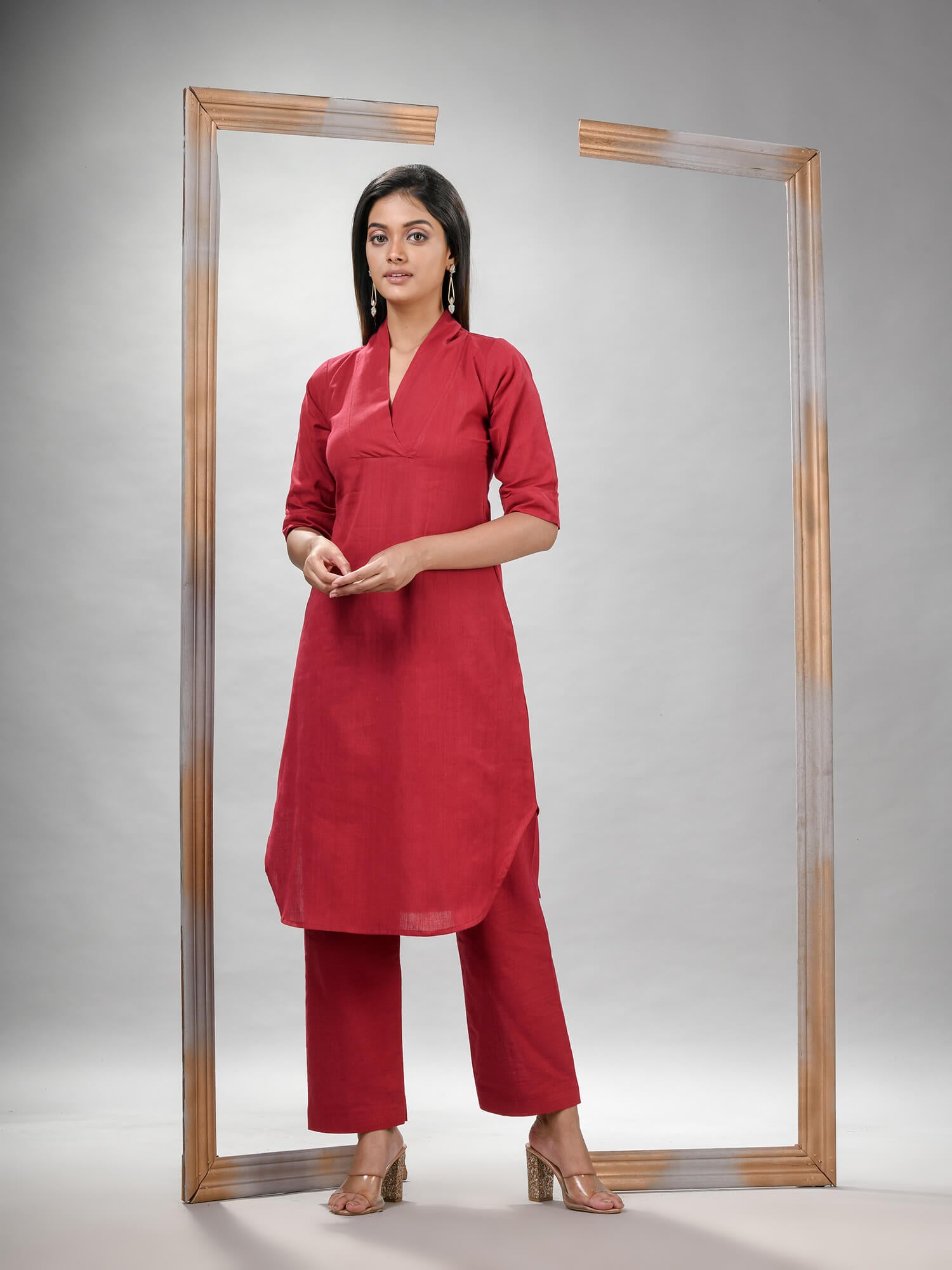 Red Cotton Bengal Handwoven Kurta Set