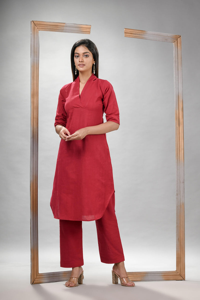 Red Cotton Bengal Handwoven Kurta Set