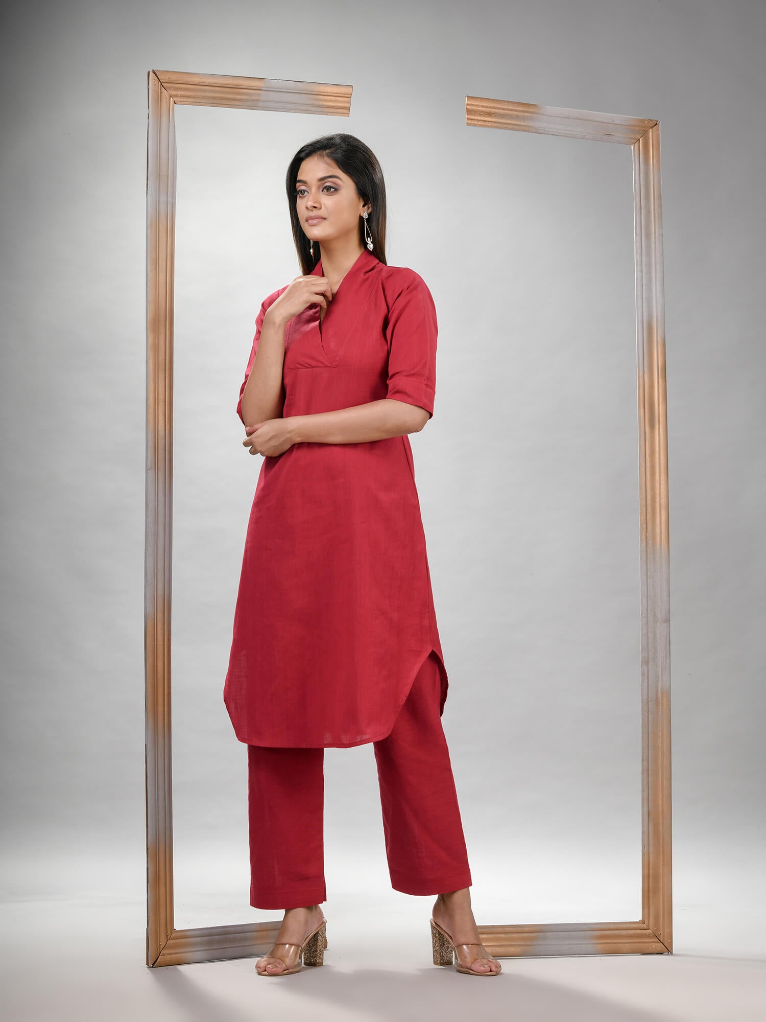 Red Cotton Bengal Handwoven Kurta Set