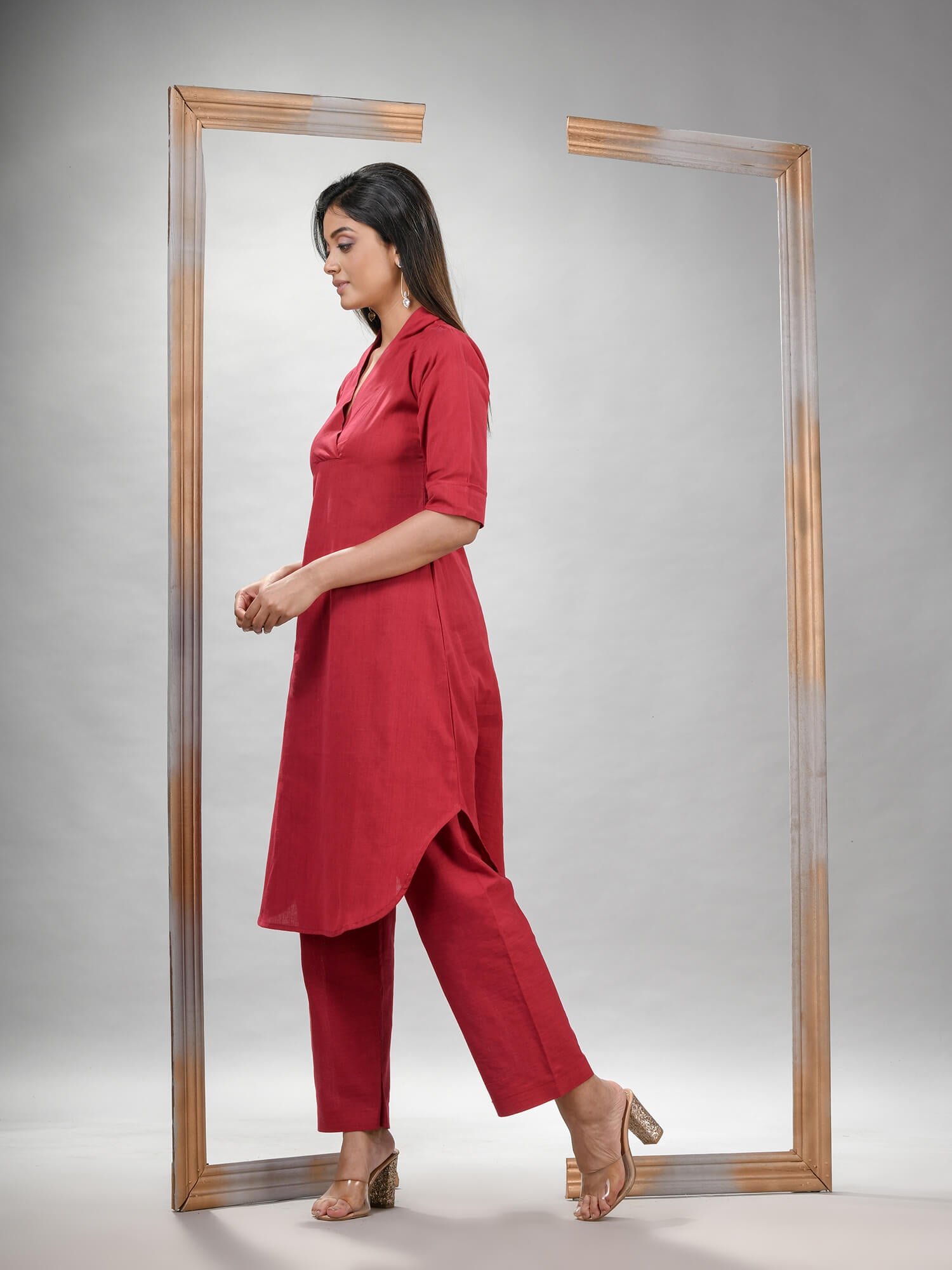 Red Cotton Bengal Handwoven Kurta Set