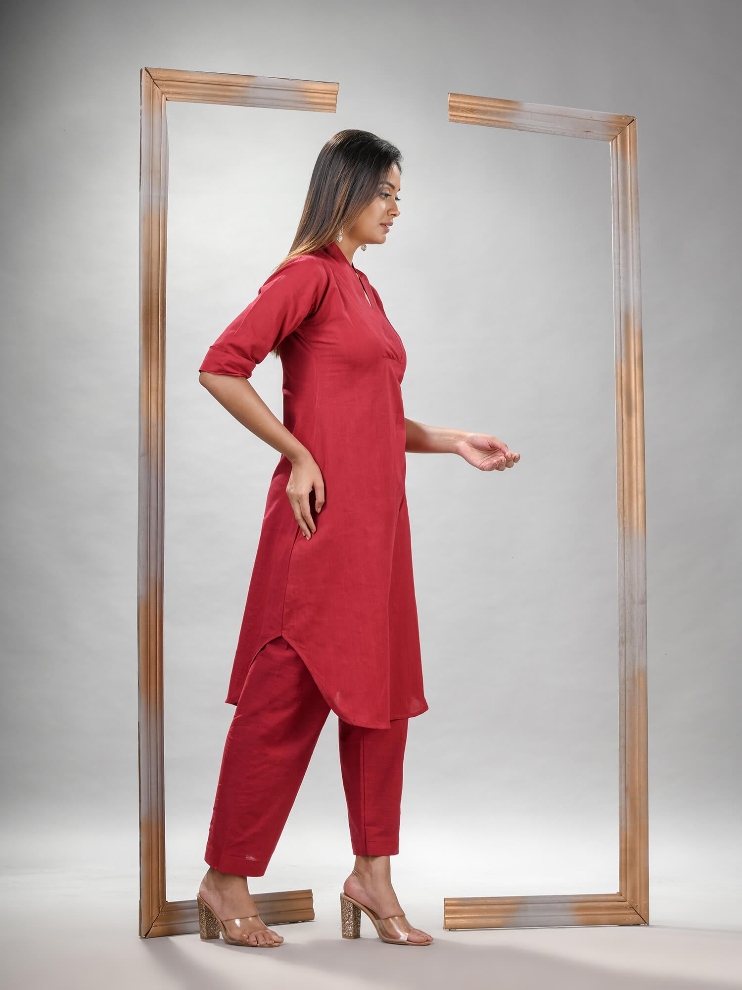 Red Cotton Bengal Handwoven Kurta Set