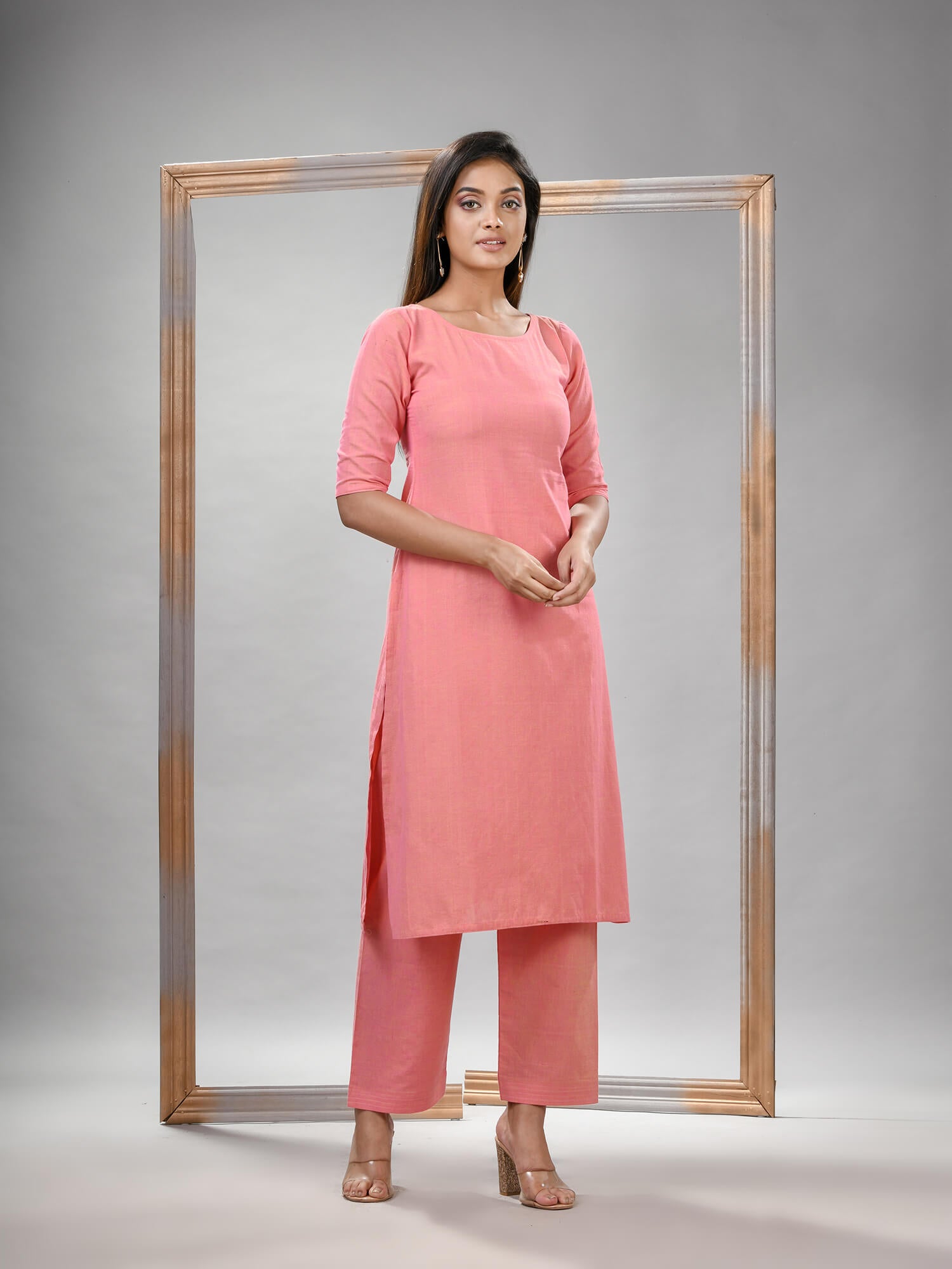 Peach Cotton Bengal Handwoven Kurta Set