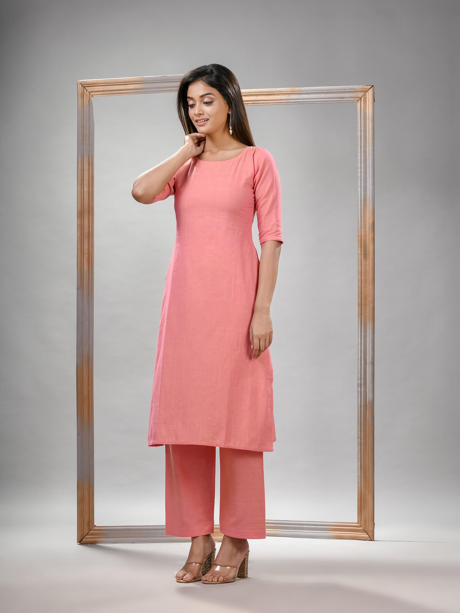 Peach Cotton Bengal Handwoven Kurta Set