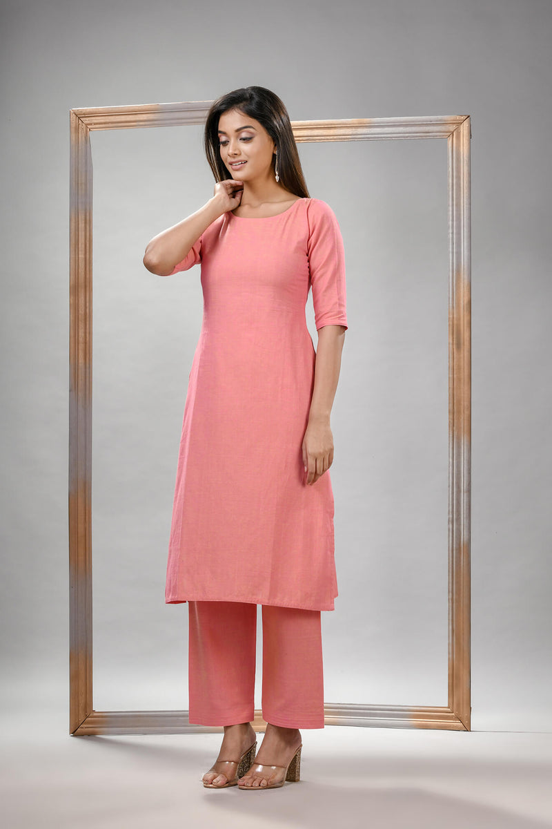 Peach Cotton Bengal Handwoven Kurta Set