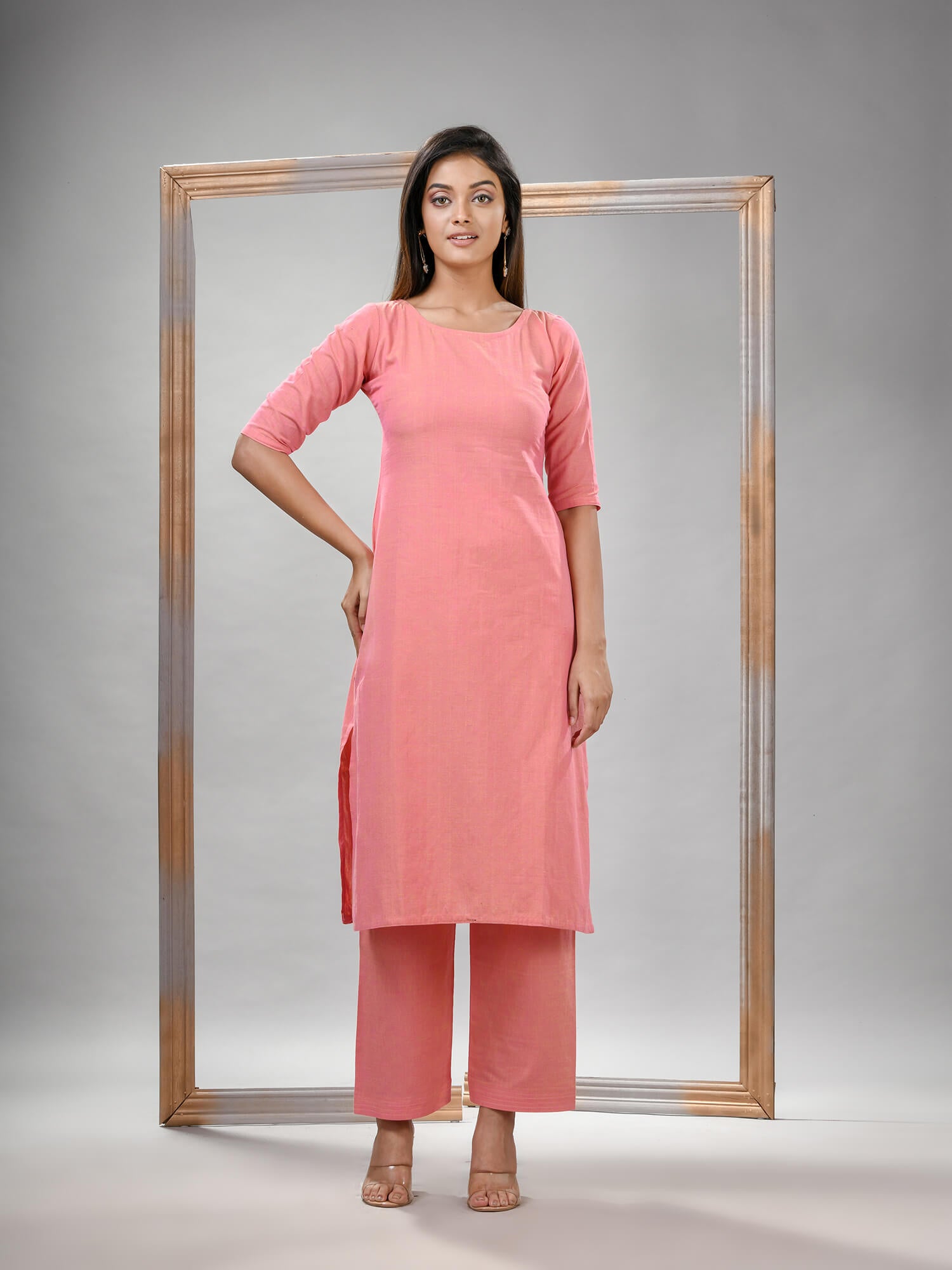 Peach Cotton Bengal Handwoven Kurta Set