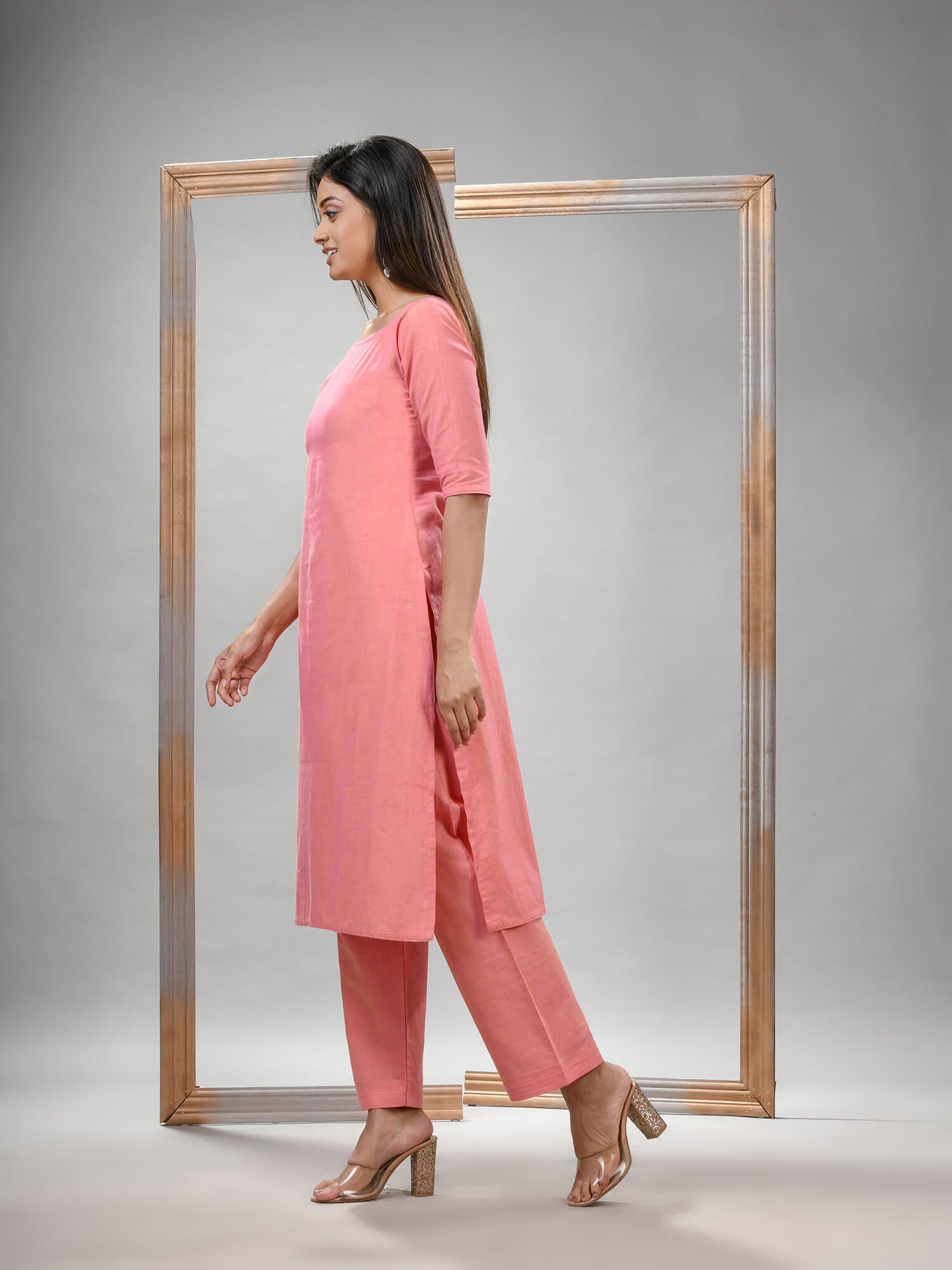 Peach Cotton Bengal Handwoven Kurta Set