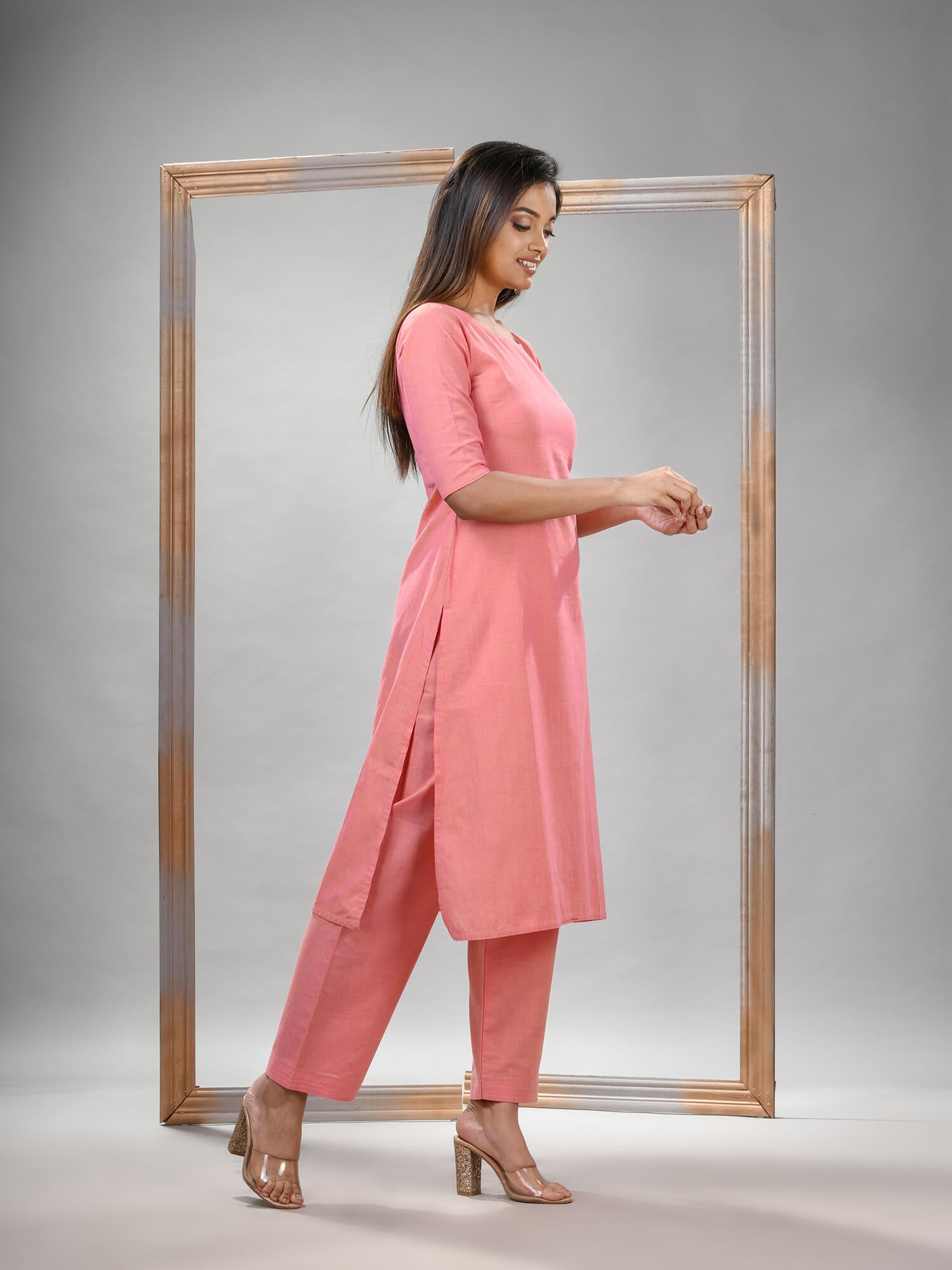 Peach Cotton Bengal Handwoven Kurta Set