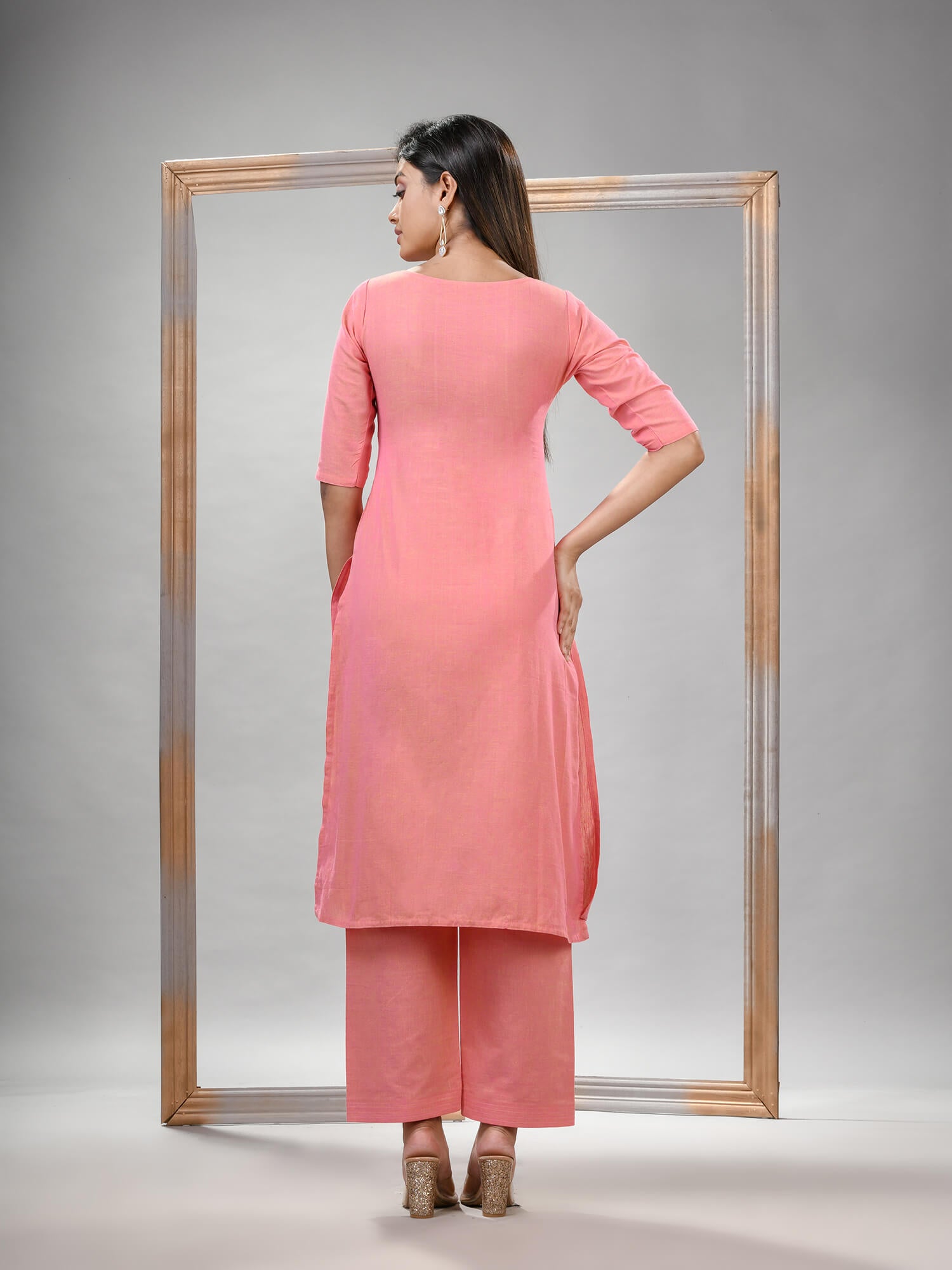 Peach Cotton Bengal Handwoven Kurta Set