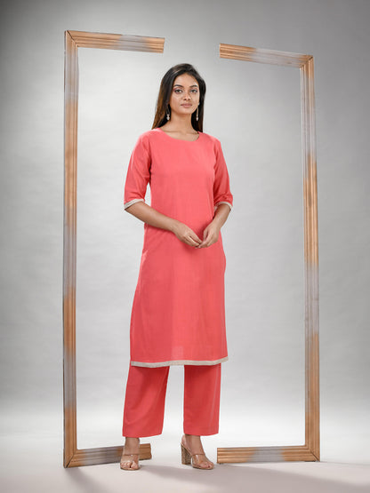 Peach Pink Cotton Bengal Handwoven Kurta Set