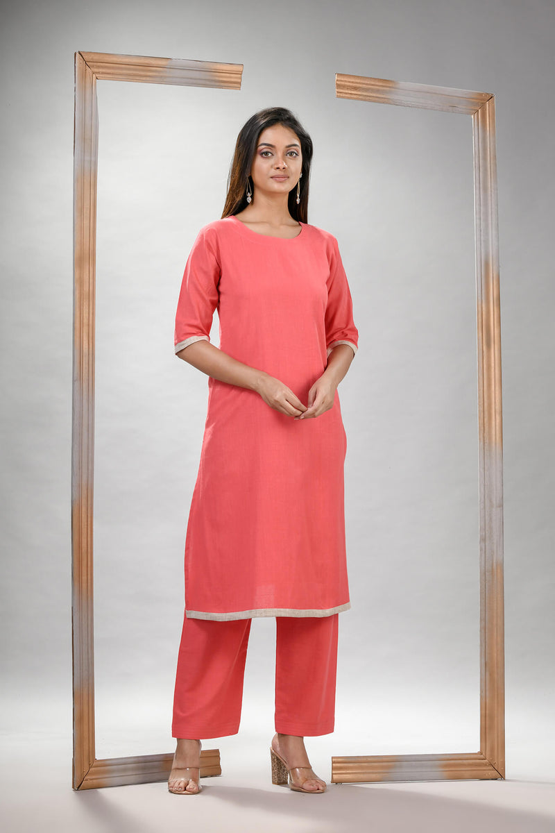 Peach Pink Cotton Bengal Handwoven Kurta Set