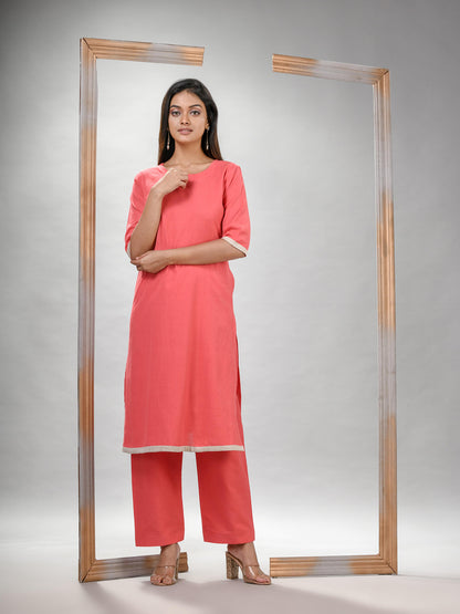 Peach Pink Cotton Bengal Handwoven Kurta Set