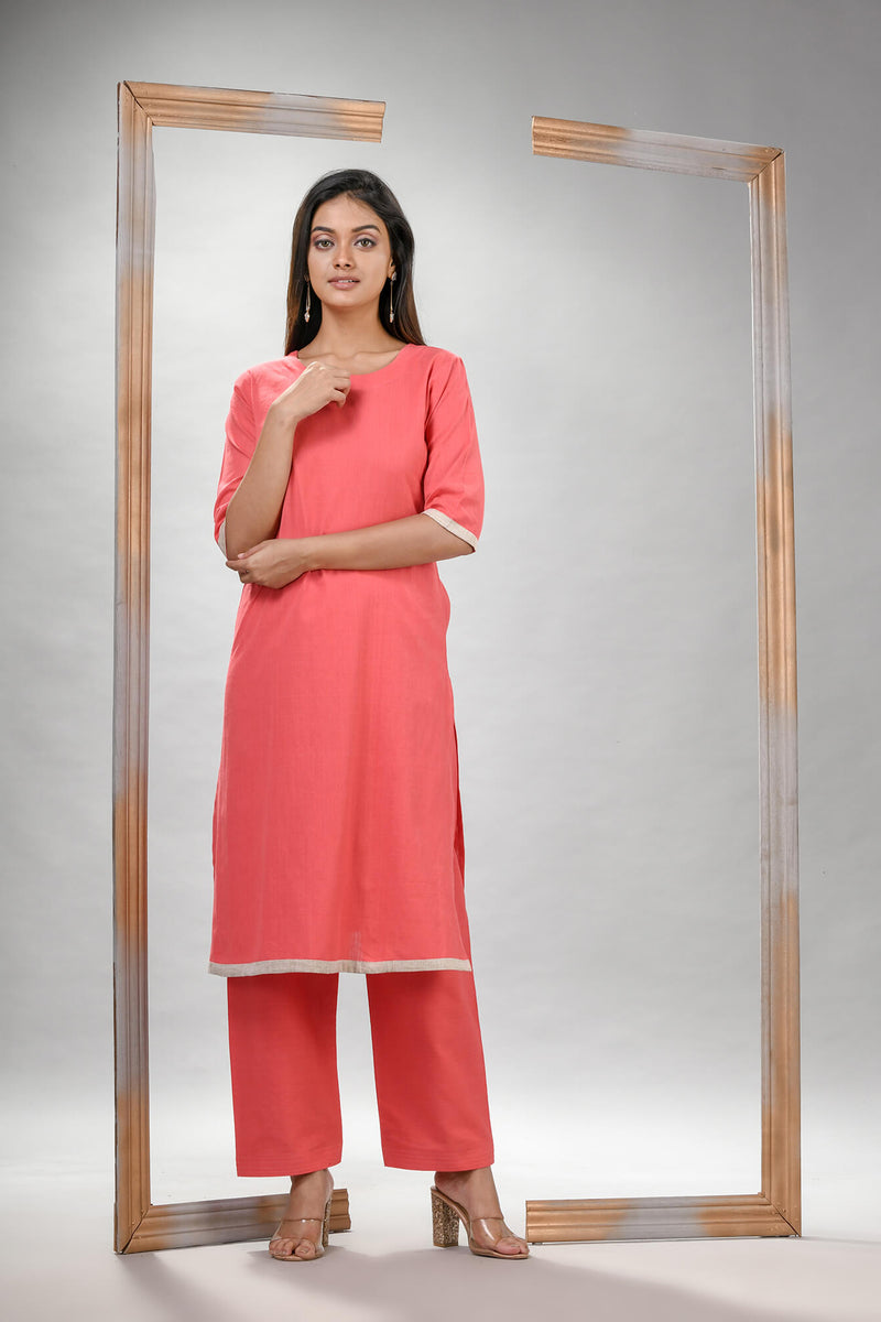 Peach Pink Cotton Bengal Handwoven Kurta Set
