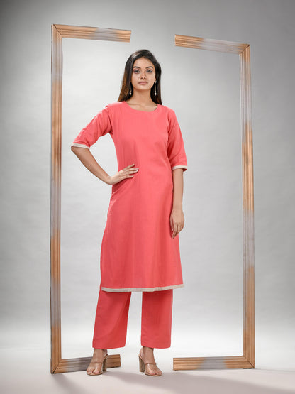 Peach Pink Cotton Bengal Handwoven Kurta Set