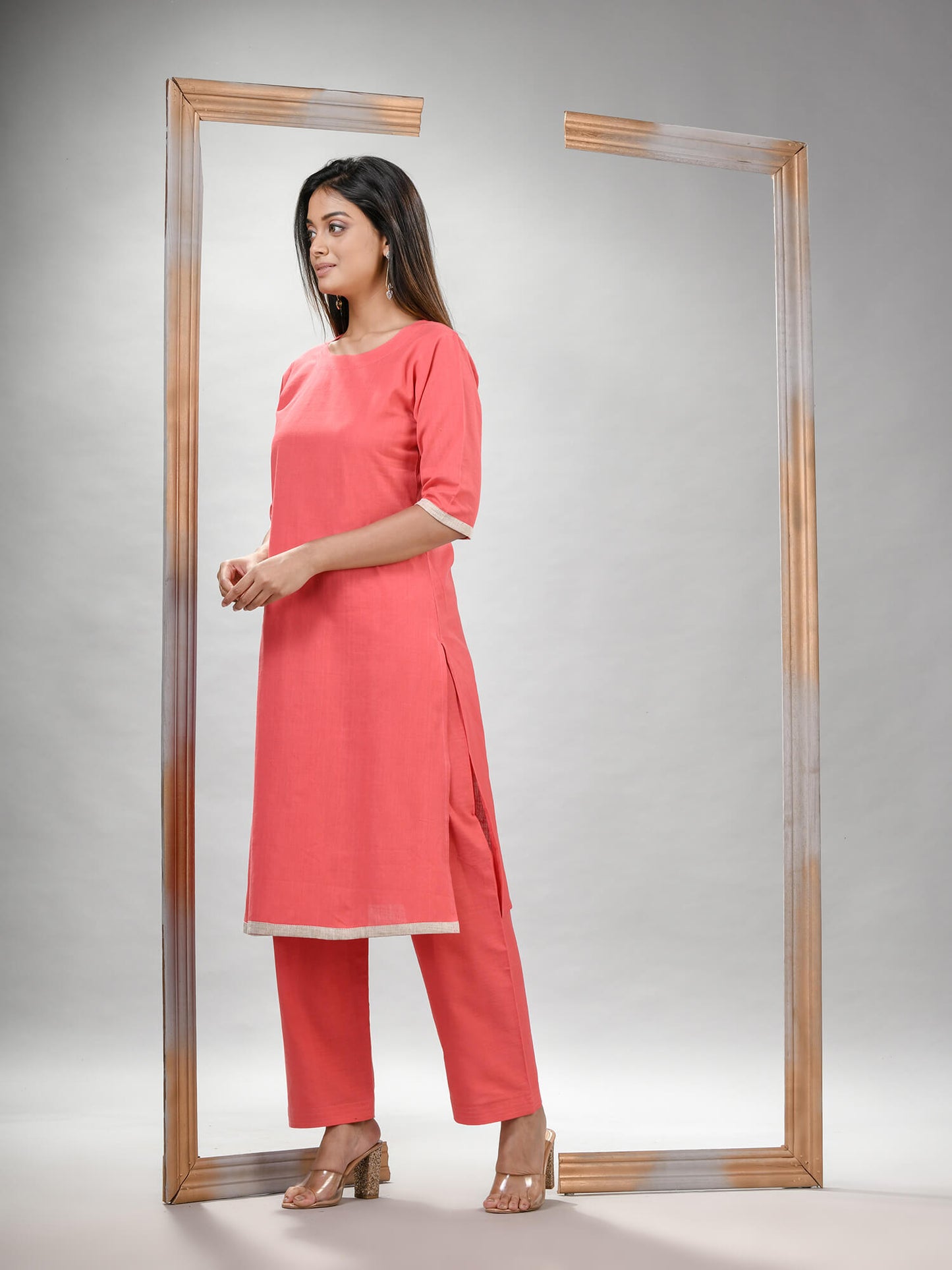 Peach Pink Cotton Bengal Handwoven Kurta Set