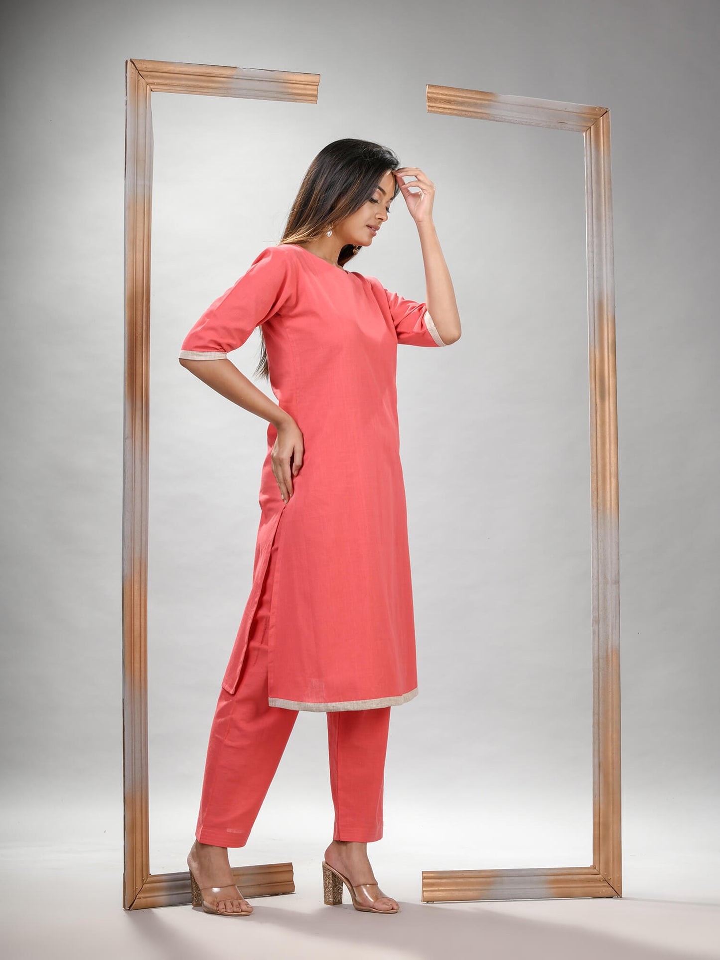 Peach Pink Cotton Bengal Handwoven Kurta Set