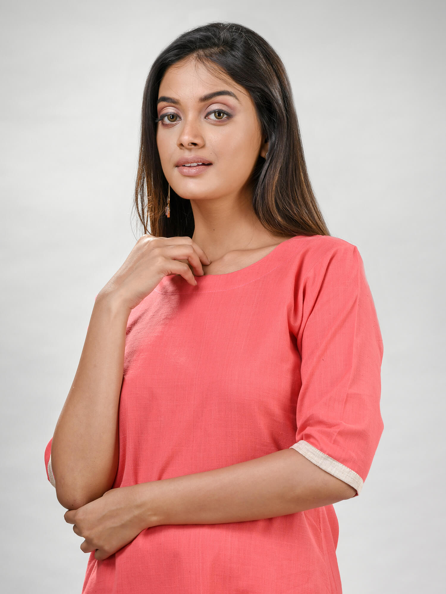 Peach Pink Cotton Bengal Handwoven Kurta Set