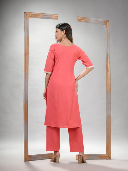 Peach Pink Cotton Bengal Handwoven Kurta Set