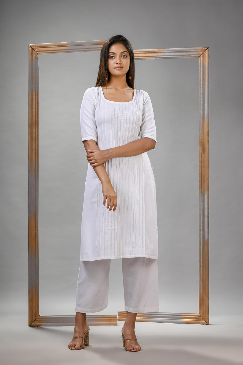 White Cotton Bengal Handwoven Kurta Set