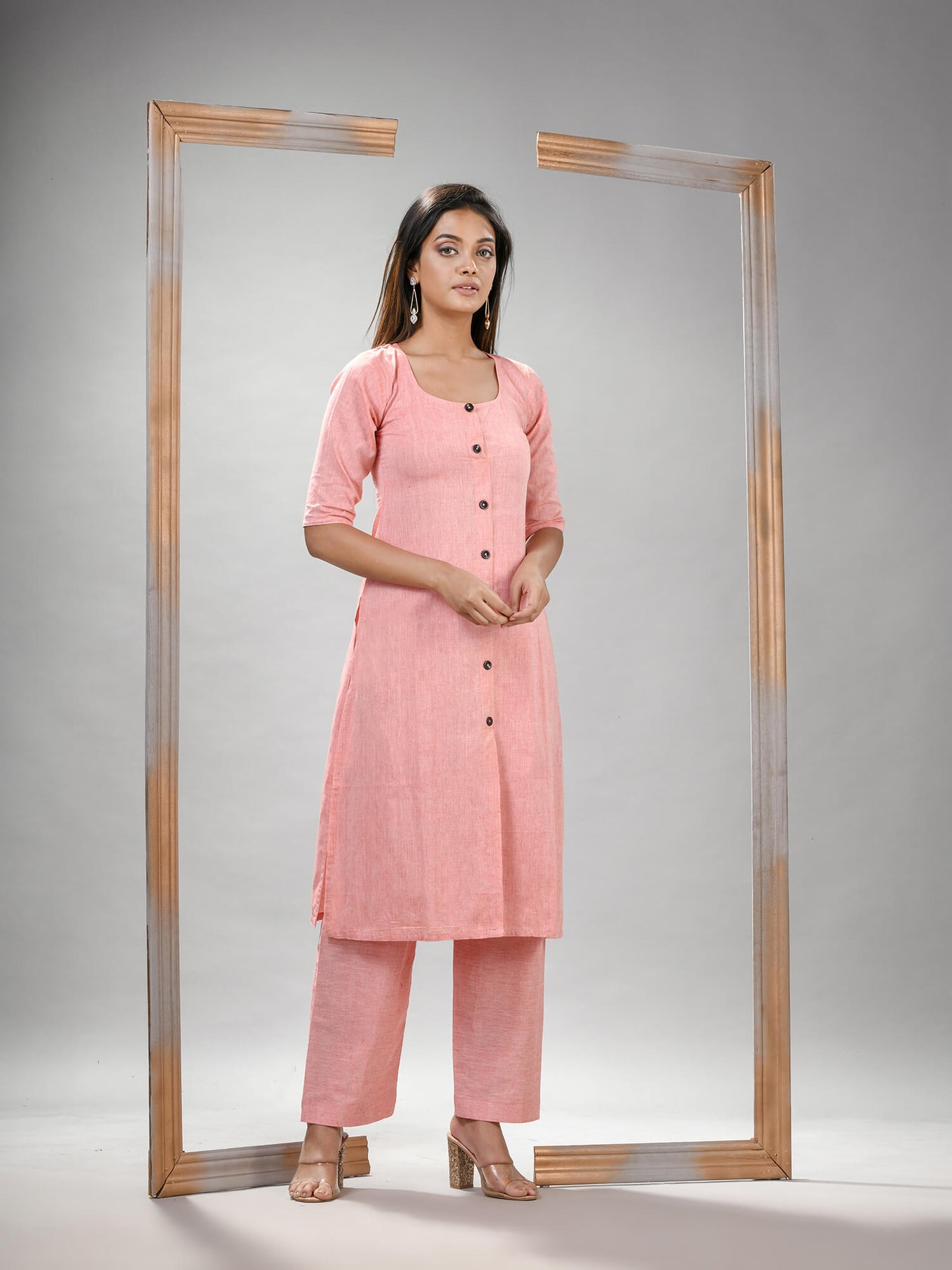 Peach Cotton Bengal Handwoven Kurta Set