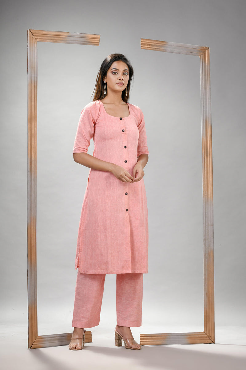 Peach Cotton Bengal Handwoven Kurta Set