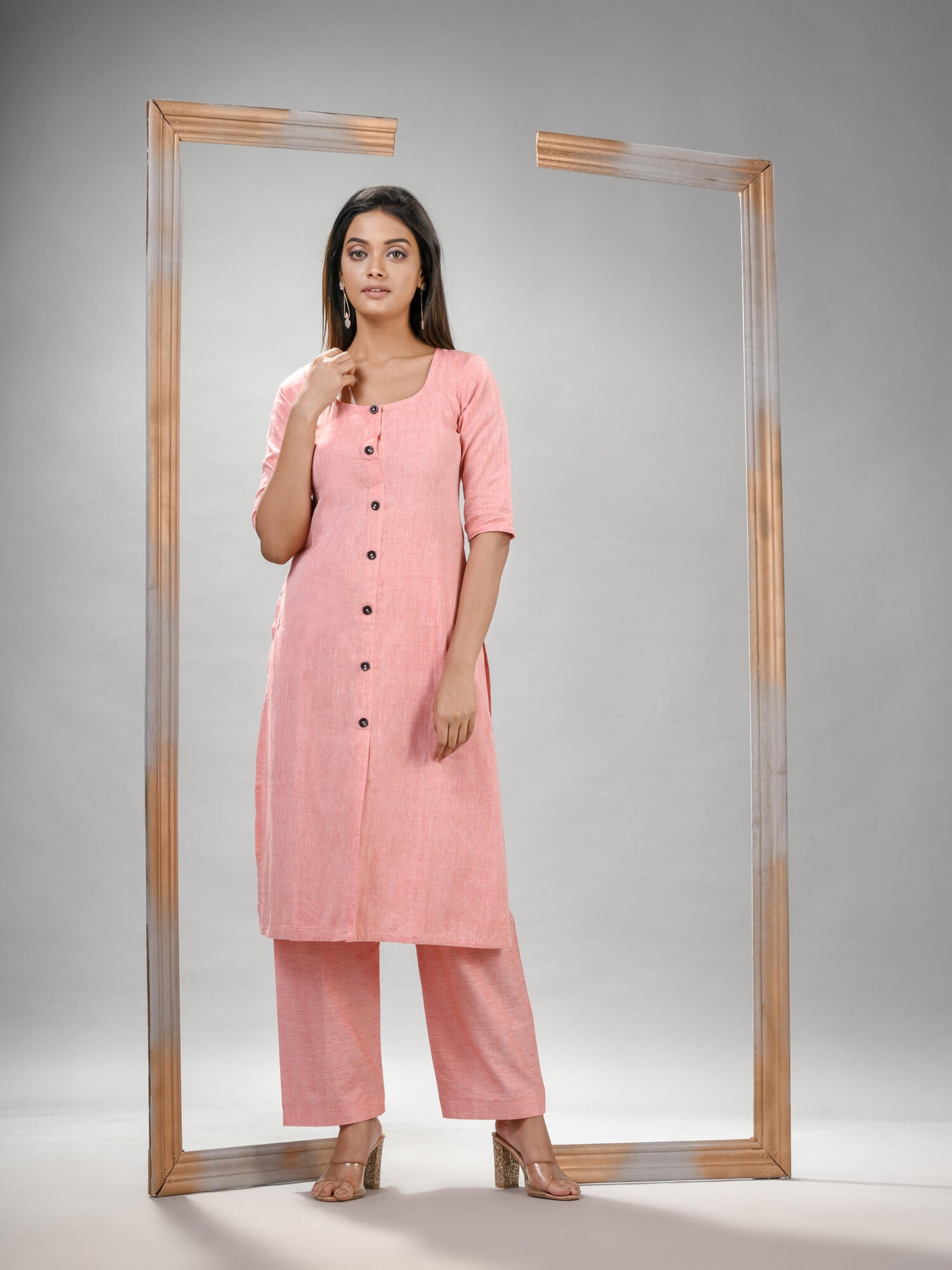 Peach Cotton Bengal Handwoven Kurta Set