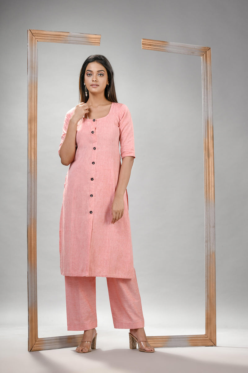 Peach Cotton Bengal Handwoven Kurta Set