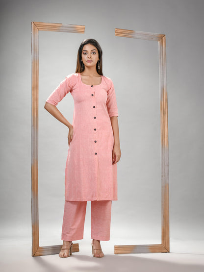 Peach Cotton Bengal Handwoven Kurta Set