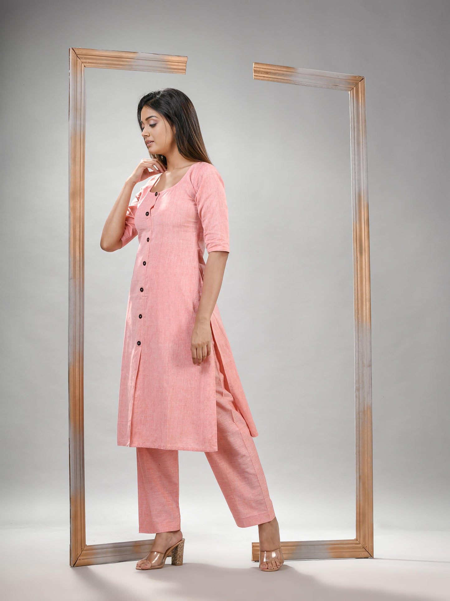 Peach Cotton Bengal Handwoven Kurta Set