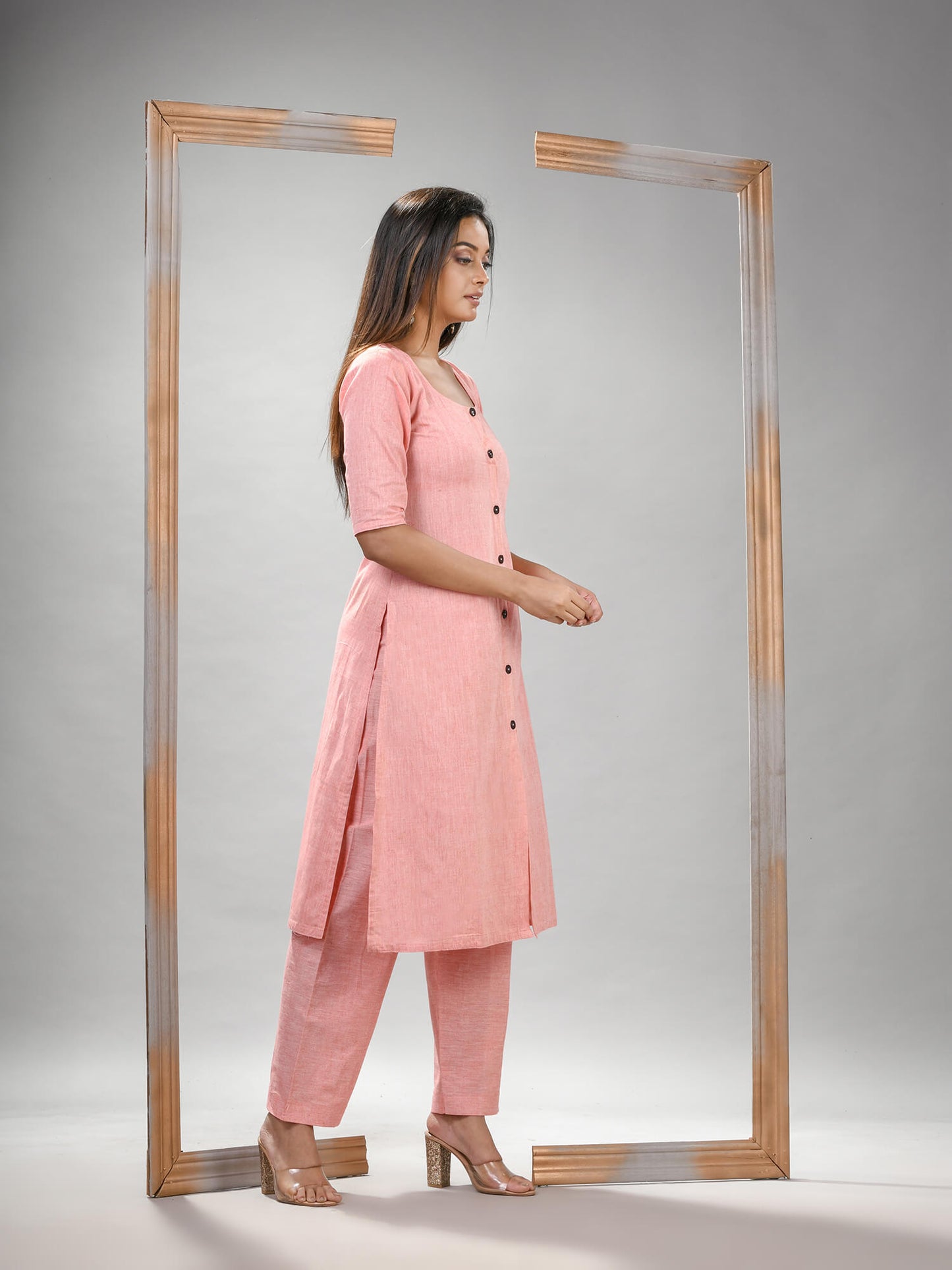 Peach Cotton Bengal Handwoven Kurta Set