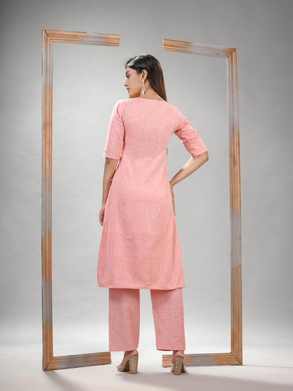 Peach Cotton Bengal Handwoven Kurta Set