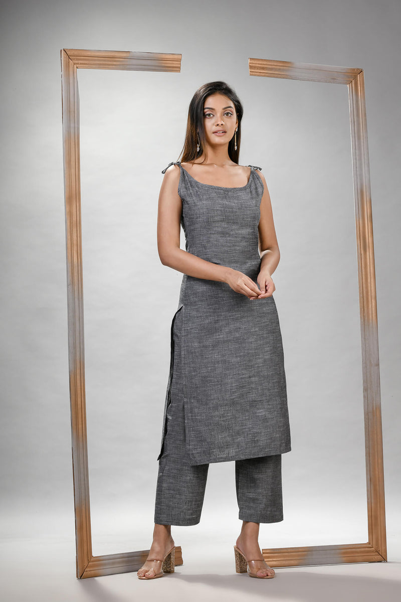 Grey Cotton Bengal Handwoven Kurta Set