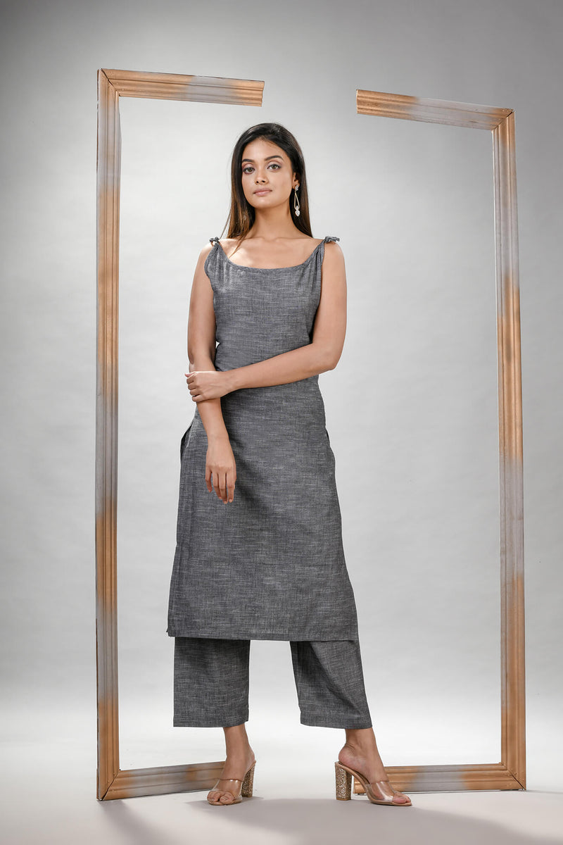 Grey Cotton Bengal Handwoven Kurta Set