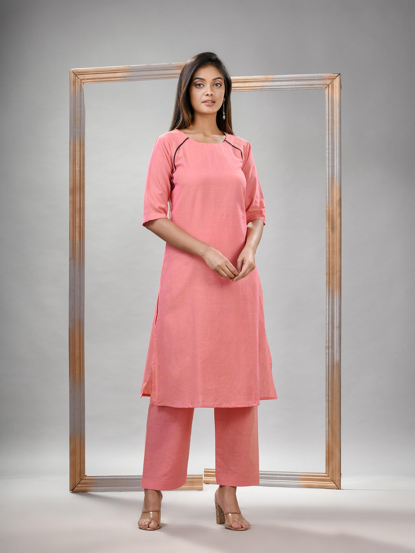 Peach Pink Cotton Bengal Handwoven Kurta Set